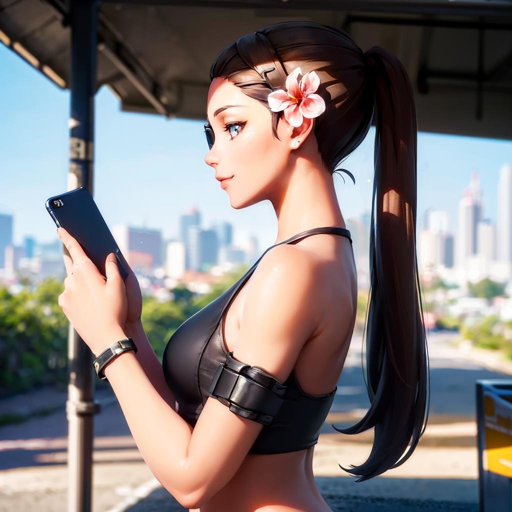 ((a woman standing at a busstop looking at her smartphone,  city in background,  upper body by Bloodysunkist on Tensor.Art