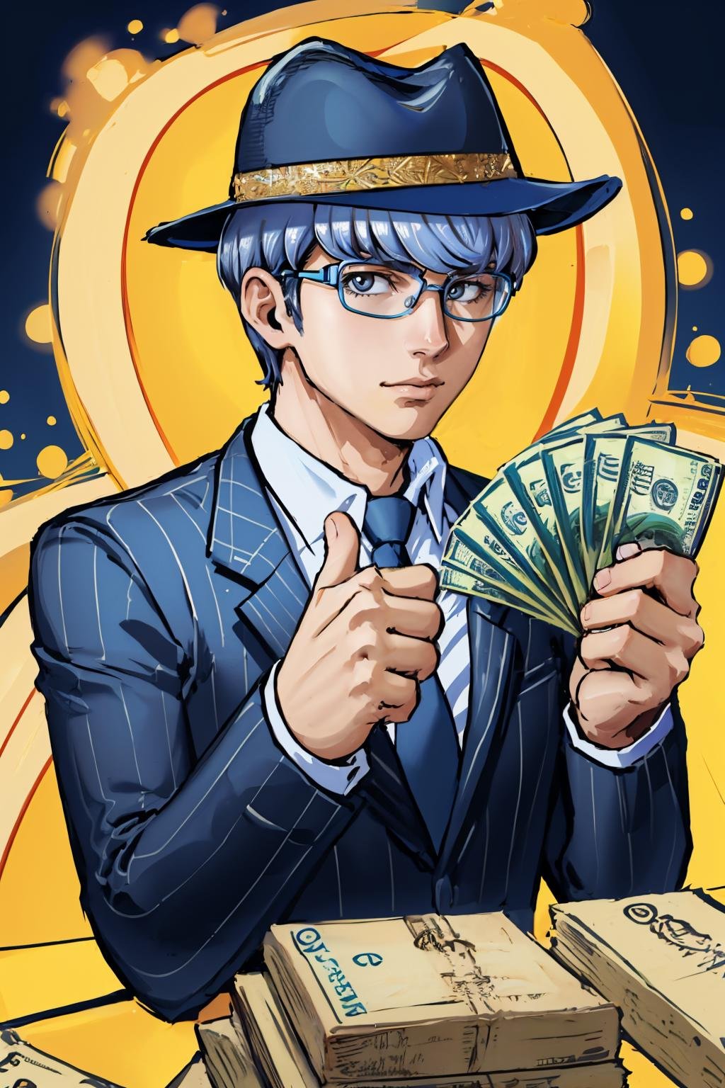 (masterpiece, best quality:1.2),  <lora:gangstersb:.85>, gangstersb, 1boy, solo, looking at viewer, upper body, money, holding, holding money, thumbs up, hat, suit, jewelry, necktie,  <lora:persona4_narukami:0.85> narukami yu, glasses