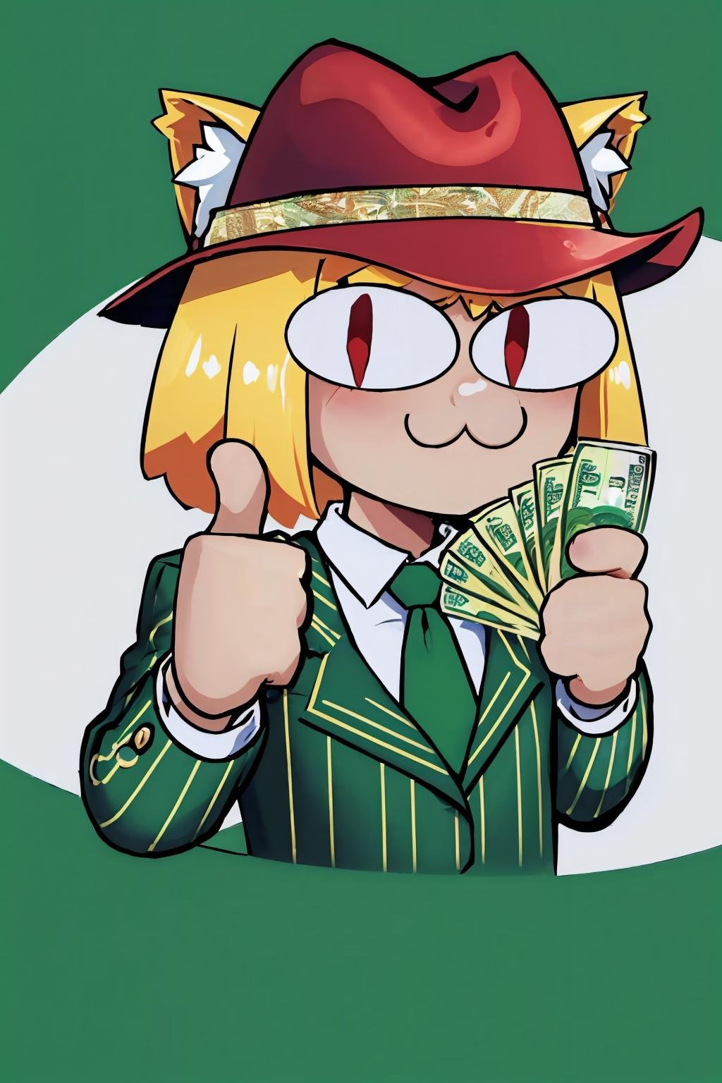 (masterpiece, best quality:1.2),  <lora:gangstersb:.85>, gangstersb, 1girl, solo, looking at viewer, upper body, money, holding, holding money, thumbs up, hat, suit, jewelry, necktie, <lora:necoarc:0.85> necoarc, slit pupils, cat ears, blonde hair, red eyes, chibi, :3, green theme, 