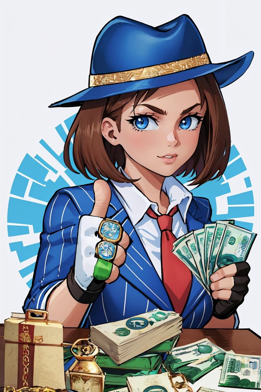 (masterpiece, best quality:1.2),  <lora:gangstersb:.85>, gangstersb, 1girl, solo, looking at viewer, upper body, money, holding, holding money, thumbs up, hat, suit, jewelry, necktie,  <lora:jillvalentine-re-richy-v1:0.8> jillre1, fingerless gloves, 