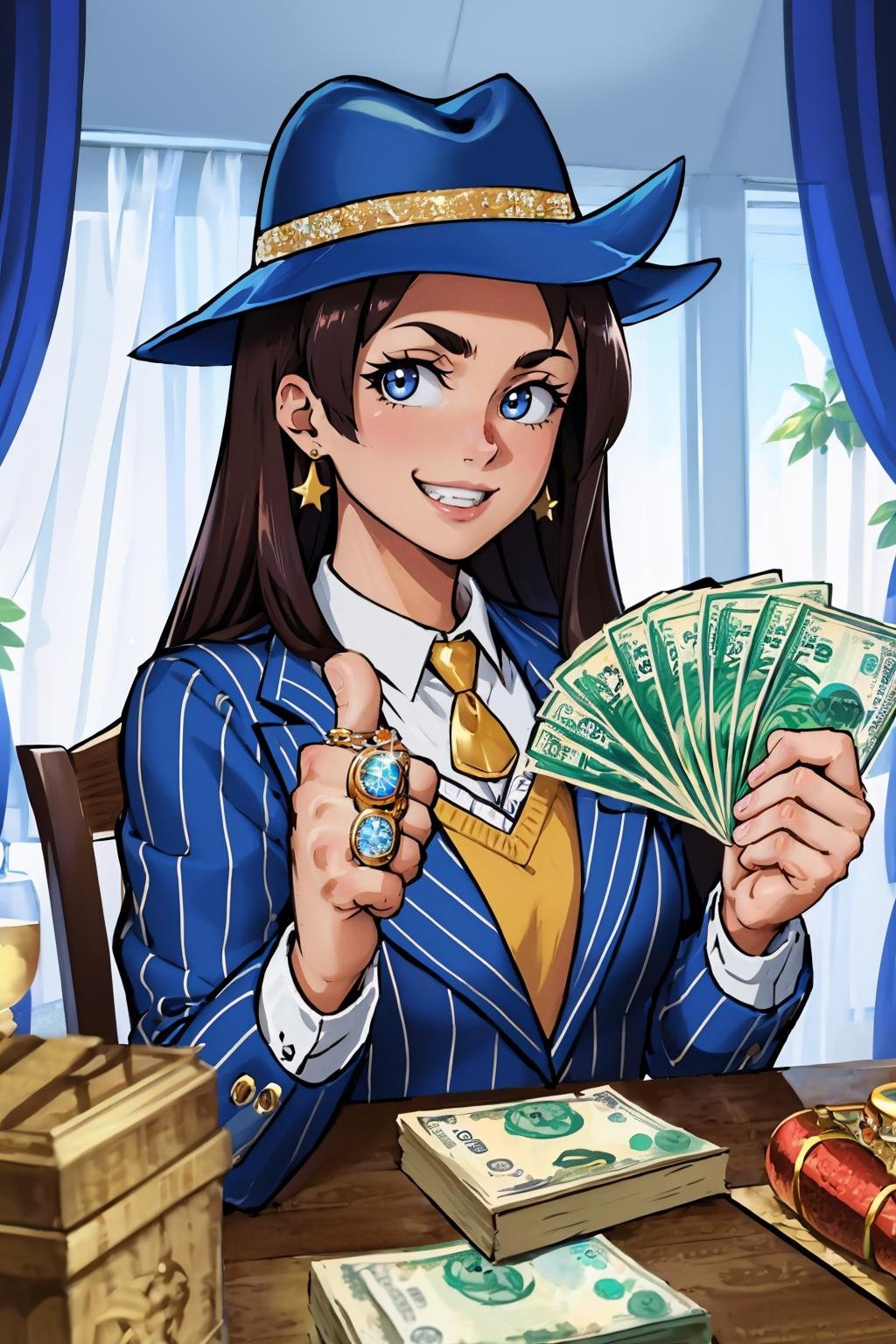 (masterpiece, best quality:1.2),  <lora:gangstersb:.9>, gangstersb, 1girl, solo, looking at viewer, upper body, money, holding, holding money, thumbs up, hat, suit, grin, jewelry, 