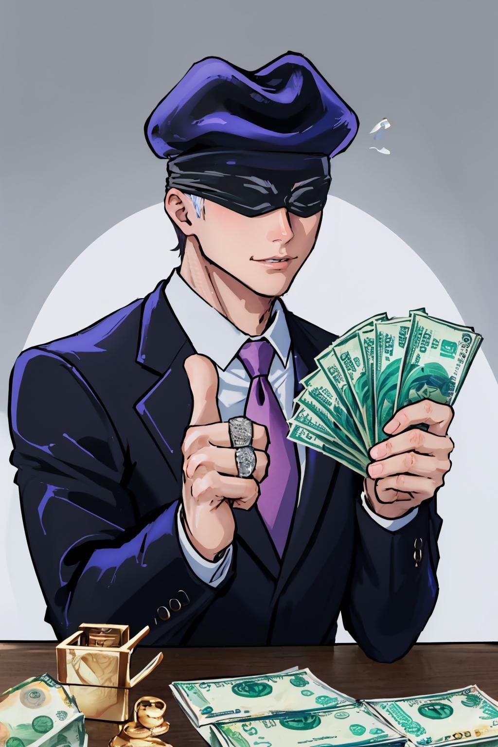 (masterpiece, best quality:1.2),  <lora:gangstersb:.85>, gangstersb, 1boy, solo, looking at viewer, upper body, money, holding, holding money, thumbs up, hat, suit, jewelry, necktie,  <lora:jjk_gojo:0.85> satoru gojo, blindfold, black jacket