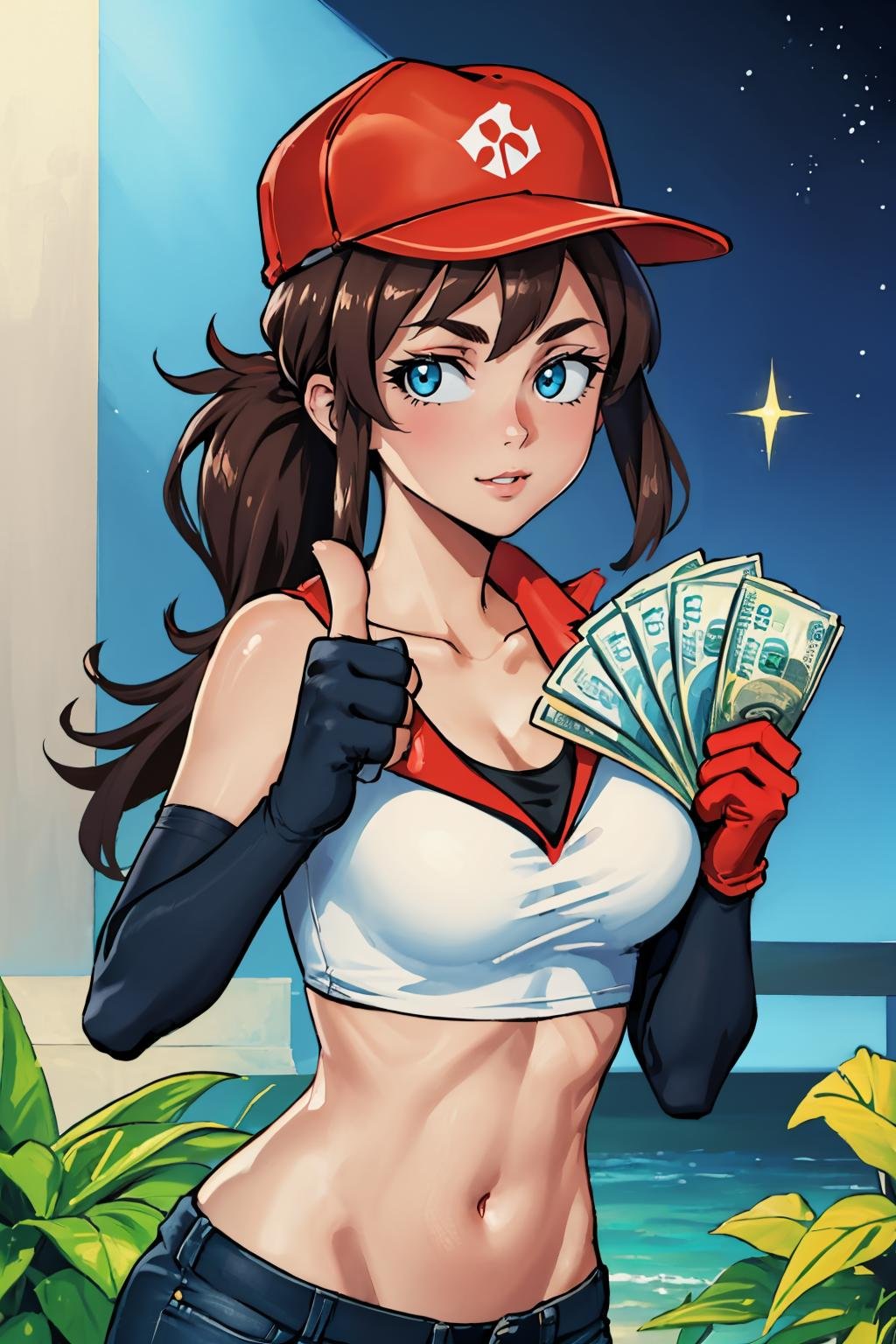 (masterpiece, best quality:1.2),  <lora:gangstersb:.85>, gangstersb, 1girl, solo, looking at viewer, upper body, money, holding, holding money, thumbs up, <lora:sivir-nvwls-v1-final:0.85>, pdsivir, baseball cap, ponytail, white crop top, elbow gloves,