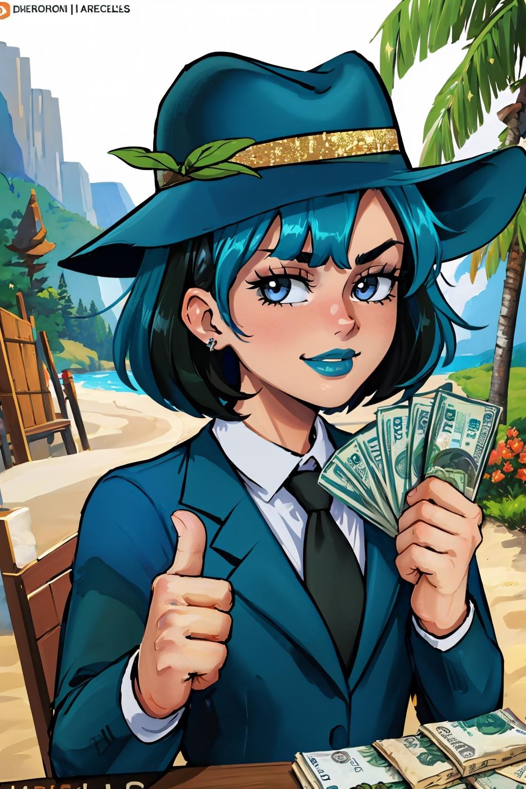 (masterpiece, best quality:1.2),  <lora:gangstersb:.85>, gangstersb, 1girl, solo, looking at viewer, upper body, money, holding, holding money, thumbs up, hat, suit, jewelry, necktie, <lora:gwentd:0.85> gwentd, makeup, bangs, outdoors, 