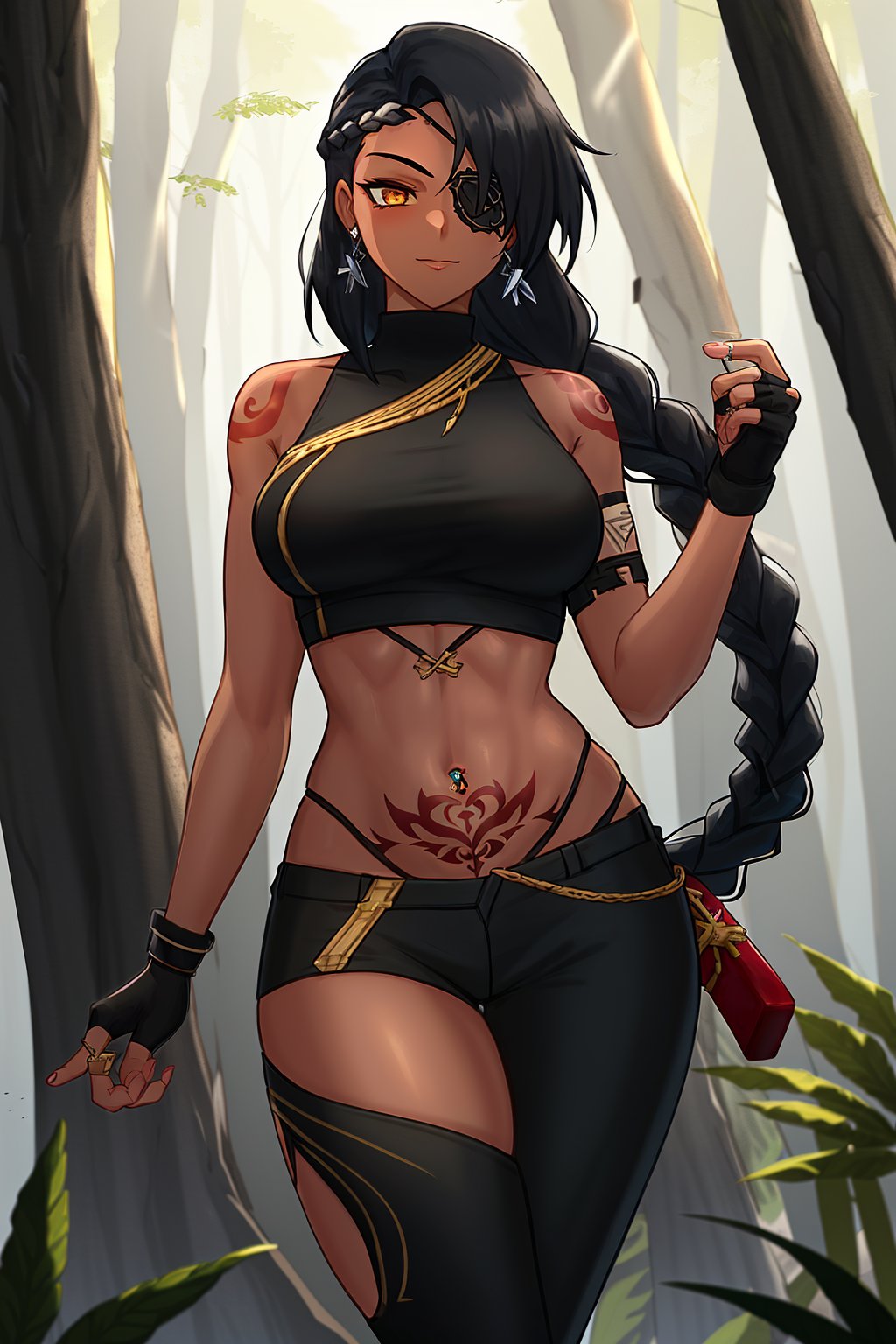 best quality, 1girl, <lora:SamiraDefault:1>, SamiraDefault, dark skin, black hair, long hair, braid, eyepatch, crop top, midriff, navel, pants, asymmetrical clothes, one thigh out, tattoo, jewelry, fingerless gloves, in a forest, trees