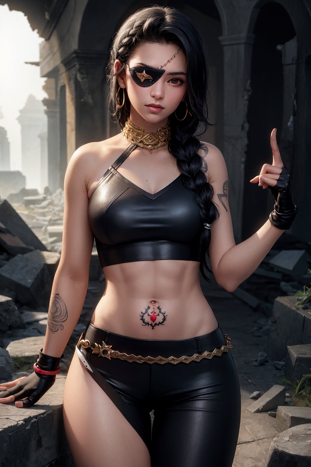 (masterpiece:1.2), (best quality:1.2), 1girl, <lora:SamiraDefault:1>, SamiraDefault, dark skin, black hair, long hair, braid, eyepatch, crop top, midriff, navel, pants, asymmetrical clothes, one thigh out, tattoo, jewelry, fingerless gloves, in an ancient ruin, stones