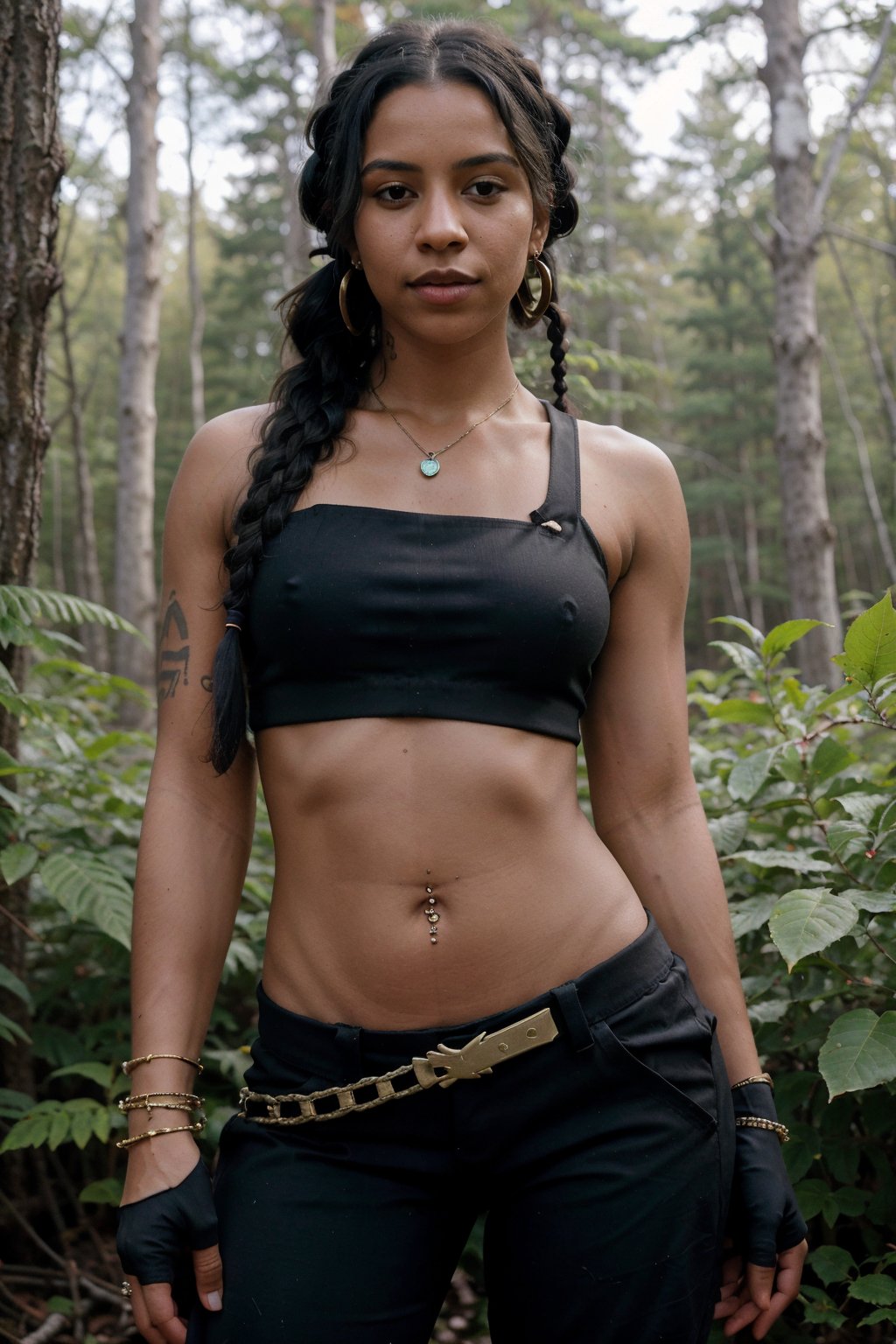 (8k, RAW photo, highest quality), picture of a young woman, <lora:SamiraDefault:1>, SamiraDefault, dark skin, black hair, long hair, braid, eyepatch, crop top, midriff, navel, pants, asymmetrical clothes, one thigh out, tattoo, jewelry, fingerless gloves, in a forest, trees