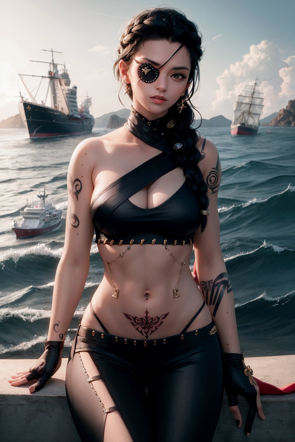 (masterpiece:1.2), (best quality:1.2), 1girl, <lora:SamiraDefault:1>, SamiraDefault, dark skin, black hair, long hair, braid, eyepatch, crop top, midriff, navel, pants, asymmetrical clothes, one thigh out, tattoo, jewelry, fingerless gloves, on a ship, sea, water