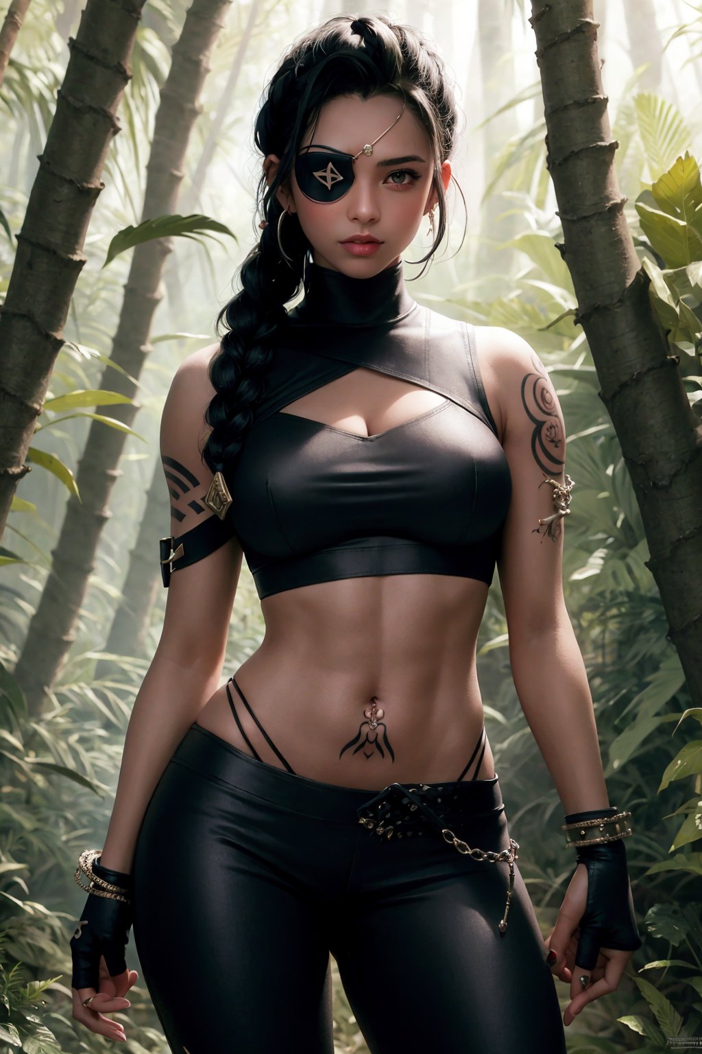 (masterpiece:1.2), (best quality:1.2), 1girl, <lora:SamiraDefault:1>, SamiraDefault, dark skin, black hair, long hair, braid, eyepatch, crop top, midriff, navel, pants, asymmetrical clothes, one thigh out, tattoo, jewelry, fingerless gloves, in a forest, trees