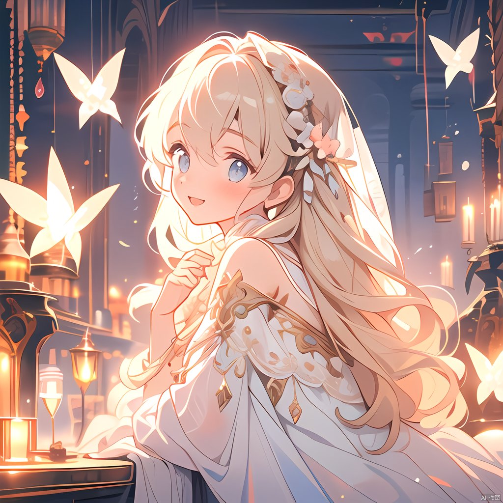 (((masterpiece))), ((best quality)), ((intricate detailed)),(\shen ming shao nv\), glowing butterfly, 1girl,from left side, long hair, blonde hair, white dress,Upper body to thighs, watery eyes,delicate detailed eyes,long hair,black hair mange style,long sleeve,flower headband,4k,8k,round eyes,round pupil,happy,colourful,fantasy magical,complex hair detail,happy,texture on clothings, girl