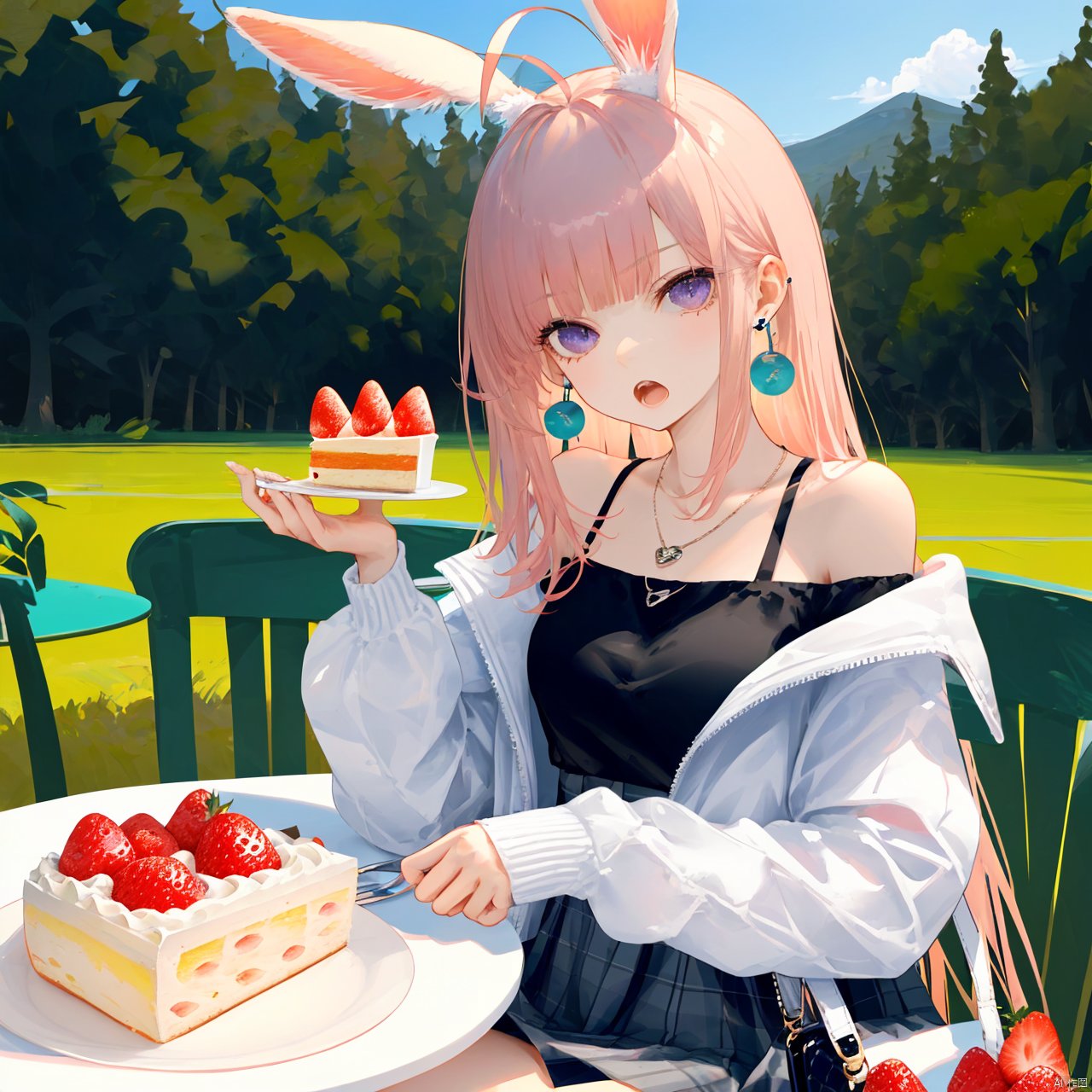 nai3, 1girl, food, strawberry, animal ears, solo, fruit, jewelry, long hair, shirt, purple eyes, skirt, earrings, bangs, holding, cake, off shoulder, looking at viewer, bag, table, black shirt, rabbit ears, open mouth, necklace, blurry, outdoors, sitting, very long hair, jacket, white jacket, long sleeves, blunt bangs, cake slice, breasts, open clothes, holding food, blurry background, collarbone, plate, pink hair, ahoge, open jacket, day, grey skirt, strawberry shortcake, chair, hand up, shoulder bag, handbag, high-waist skirt, bare shoulders, eating, depth of field, pleated skirt, medium breasts,