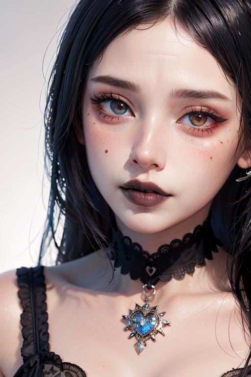 (masterpiece, best quality, photorealistic, absurdres, 8k:1.2), best lighting, detailed pupils, heterochromia, flawless face, simple background, pale skin,1girl, solo, (close up, face focus:1.6), looking at viewer, [light smile], ((EGirlMakeup)), gothic eye shadow, eye glitter, eyelashes, eyeliner, ((lipstick, black lips, matte lipstick)), heart \(symble\) facial mark, shiny skin, very long hair, curly hair,fringe skirt, chocker, see-through, <lora:coloredLipstickLoha_v420:0.6>, <lora:eGirlMakeup-08:0.8:LyCOFACE>