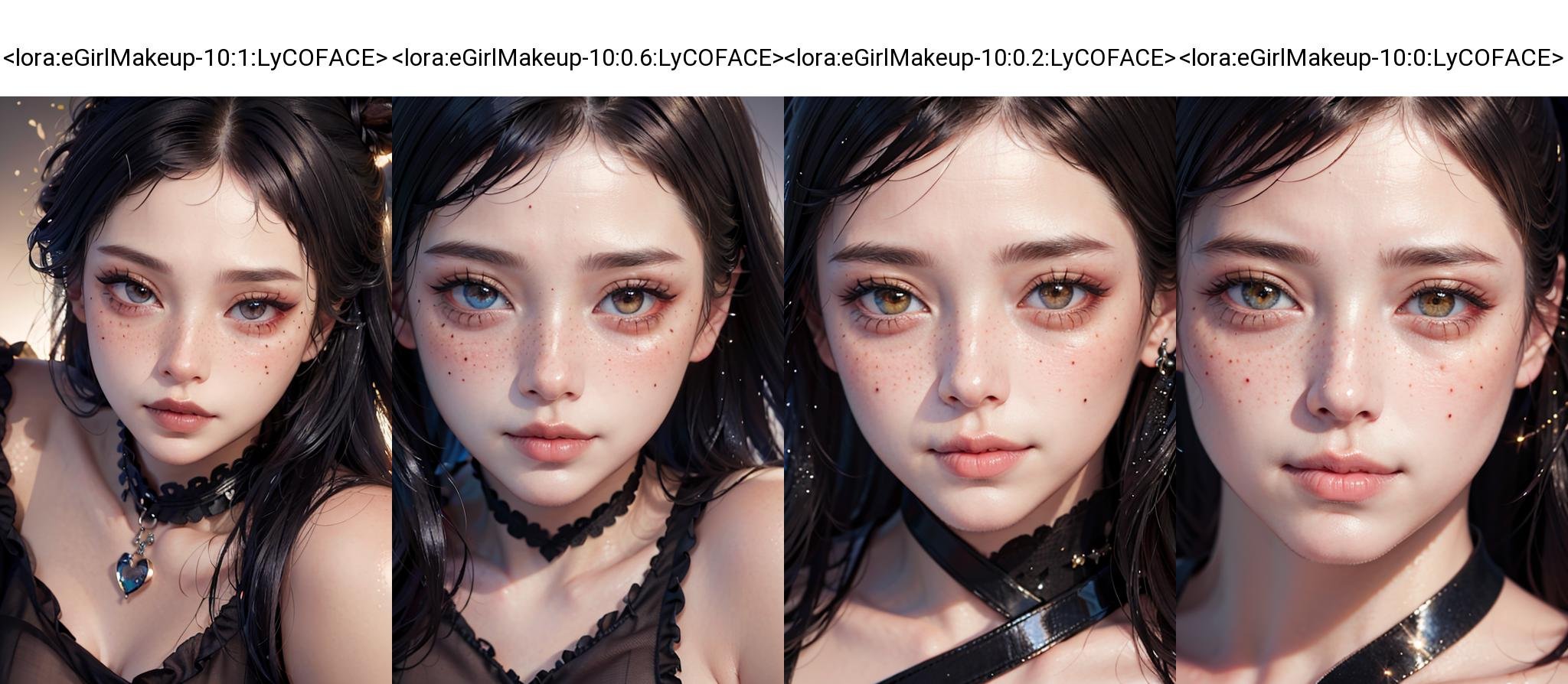 (masterpiece, best quality, photorealistic, absurdres, 8k:1.2), nsfw, best lighting, complex pupils, flawless face, detailed background, night,  pale skin,1girl, solo, (close up, face focus:1.6), looking at viewer, [light smile], EGirlMakeup, gothic eye shadow, eye glitter, [[freckles]], eyelashes, eyeliner, black lips, matte lipstick, heart \(symble\) on face, shiny skin, very long hair, curly hair,fringe skirt, chocker, see-through, <lora:coloredLipstickLoha_v420:0.5>, <lora:eGirlMakeup-10:1:LyCOFACE>