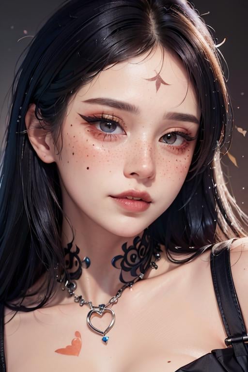 (masterpiece, best quality, photorealistic, absurdres, 8k:1.2), nsfw, best lighting, complex pupils, flawless face, detailed background, night,  pale skin,1girl, solo, (close up, face focus:1.6), looking at viewer, [light smile], EGirlMakeup, gothic eye shadow, eye glitter, freckles, eyelashes, eyeliner, black lips, matte lipstick, heart \(symble\) on face, shiny skin, very long hair, curly hair,fringe skirt, chocker, see-through, <lora:coloredLipstickLoha_v420:0.5>, <lora:eGirlMakeup-10:1:LyCOFACE>