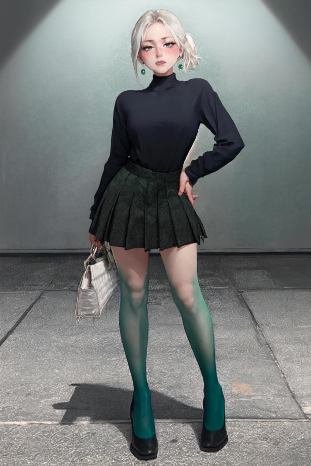 (masterpiece, best quality, absurdres, 8k:1.2),best lighting,simple_background,gray_background,1girl,solo,full_body,standing,dynamic pose,white_short_hair,blush,earrings,navy_pleated_miniskirt,long_legs,two-tone legwear,green_pantyhose,high_heels,<lora:gradient-000004:1:1:lbw=StocTest>,