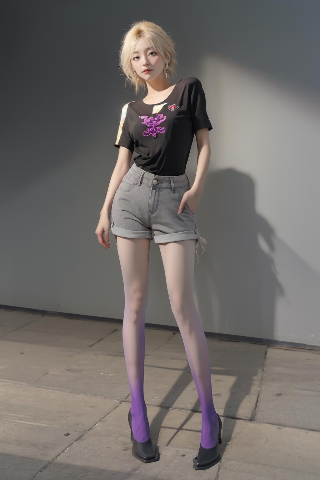 (masterpiece, best quality, absurdres, 8k:1.2),best lighting,simple_background,gray_background,1girl,solo,full_body,standing,blonde,short_shorts,long_legs,two-tone legwear,purple_pantyhose,high_heels,<lora:gradient-000004:1:1:lbw=StocTest>,<lora:Adore_1.5:1:1:lbw=Face>,