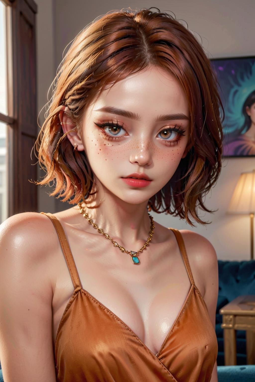 (masterpiece,best quality,photorealistic,absurdres,8k:1.2),complex_pupils,indoors,detailed_background,eclectic_interior,dusk,profile,1girl,solo,upper_body,(close-up,face_focus:1.6),looking at viewer,envious,EGirlMakeup,eye_shadow,freckles,eyelashes,eyeliner,metallic_lipstick,shiny_skin,golden_skin,medium_hair,auburn_hair,(Silk_slip_dress:1.4),(Suede_ankle_boots:1.3),(Layered_necklaces:1.2),<lora:EGirlMakeup_XL-000008:1:1:lbw=XLFace>,