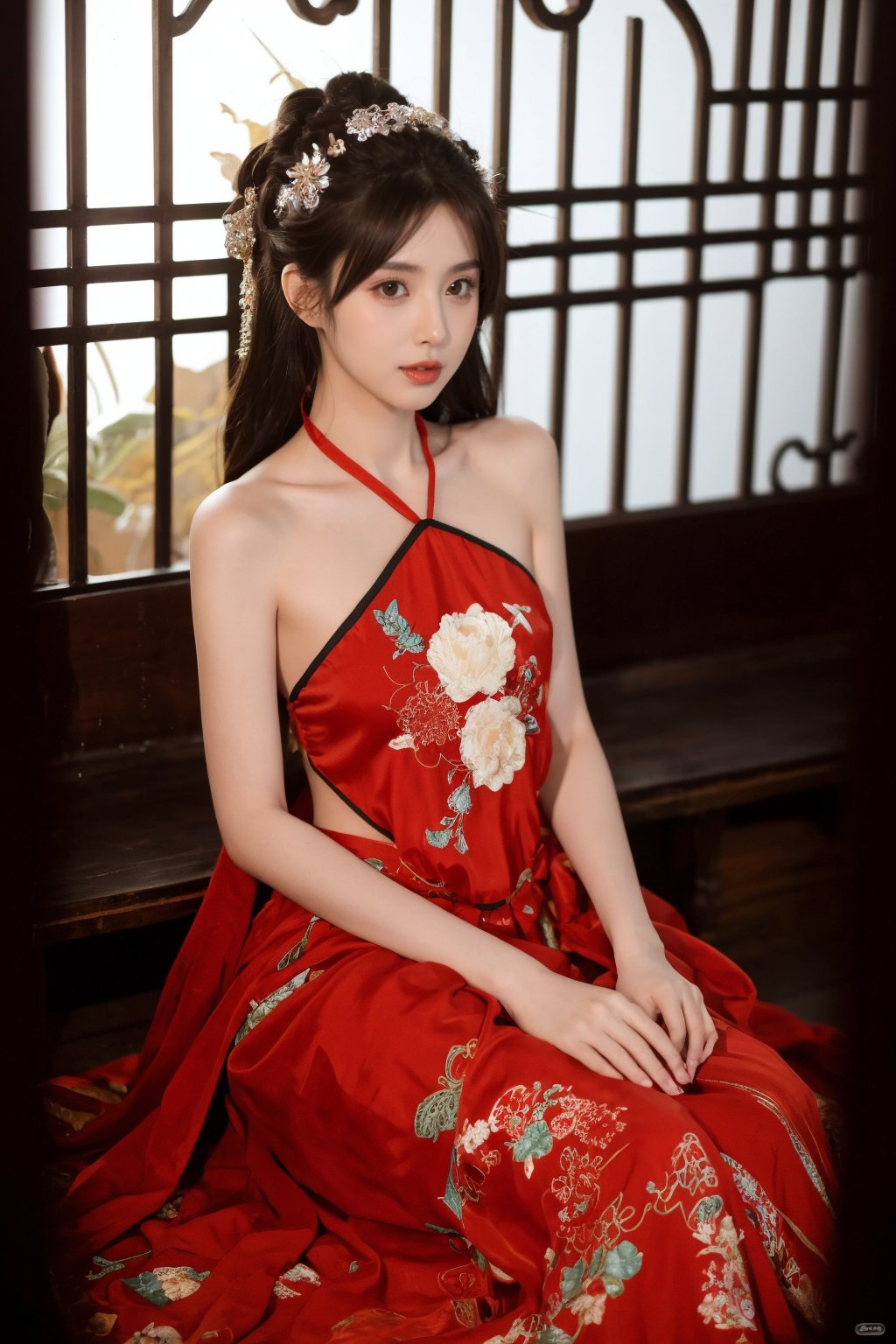 1girl, dress, hair ornament, red dress, solo, chinese clothes, long hair, sitting, bare shoulders, window, brown hair, hair bun, indoors, black hair,looking at viewer <lora:kim_肚兜_v1:0.75>