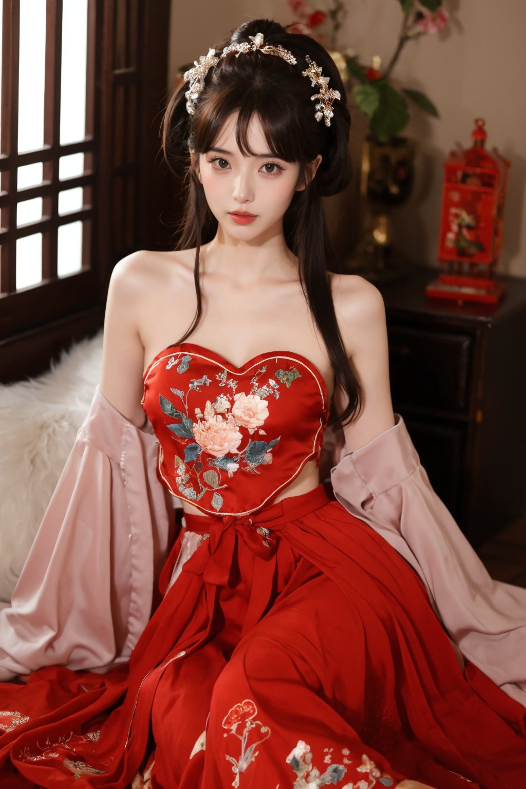 1girl, dress, hair ornament, red dress, solo, chinese clothes, long hair, sitting, bare shoulders, window, brown hair, hair bun, indoors, black hair,looking at viewer <lora:kim_小红兜_v1:0.75>