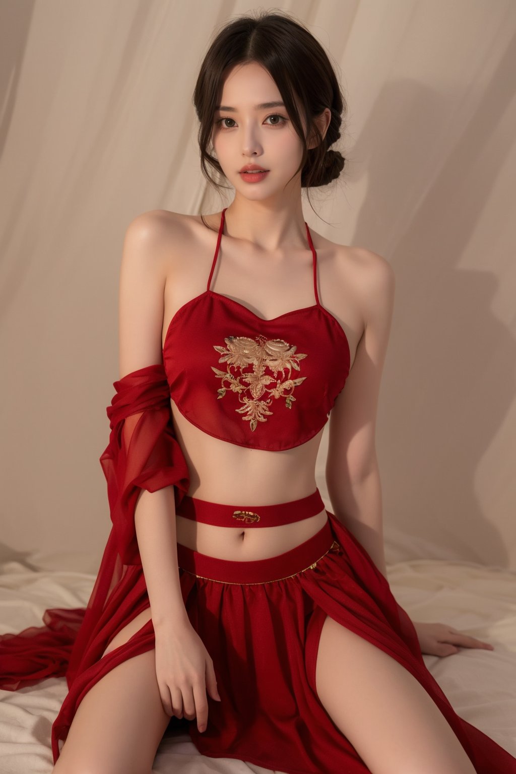 1girl, navel, solo, realistic, midriff, bare shoulders, sitting, hair ornament, black hair, jewelry, curtains, brown hair, parted lips, skirt, red skirt, looking at viewer, cowboy shot <lora:kim_肚兜_v1:0.8>