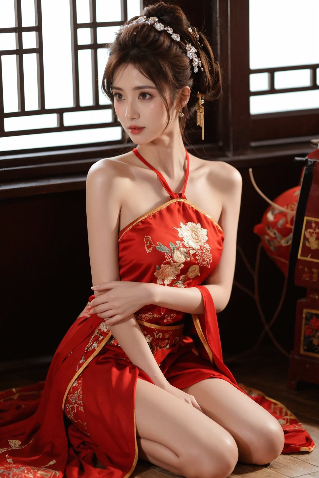 1girl, dress, hair ornament, red dress, solo, chinese clothes, long hair, sitting, bare shoulders, window, brown hair, hair bun, indoors, black hair <lora:kim_肚兜_v1:0.7>