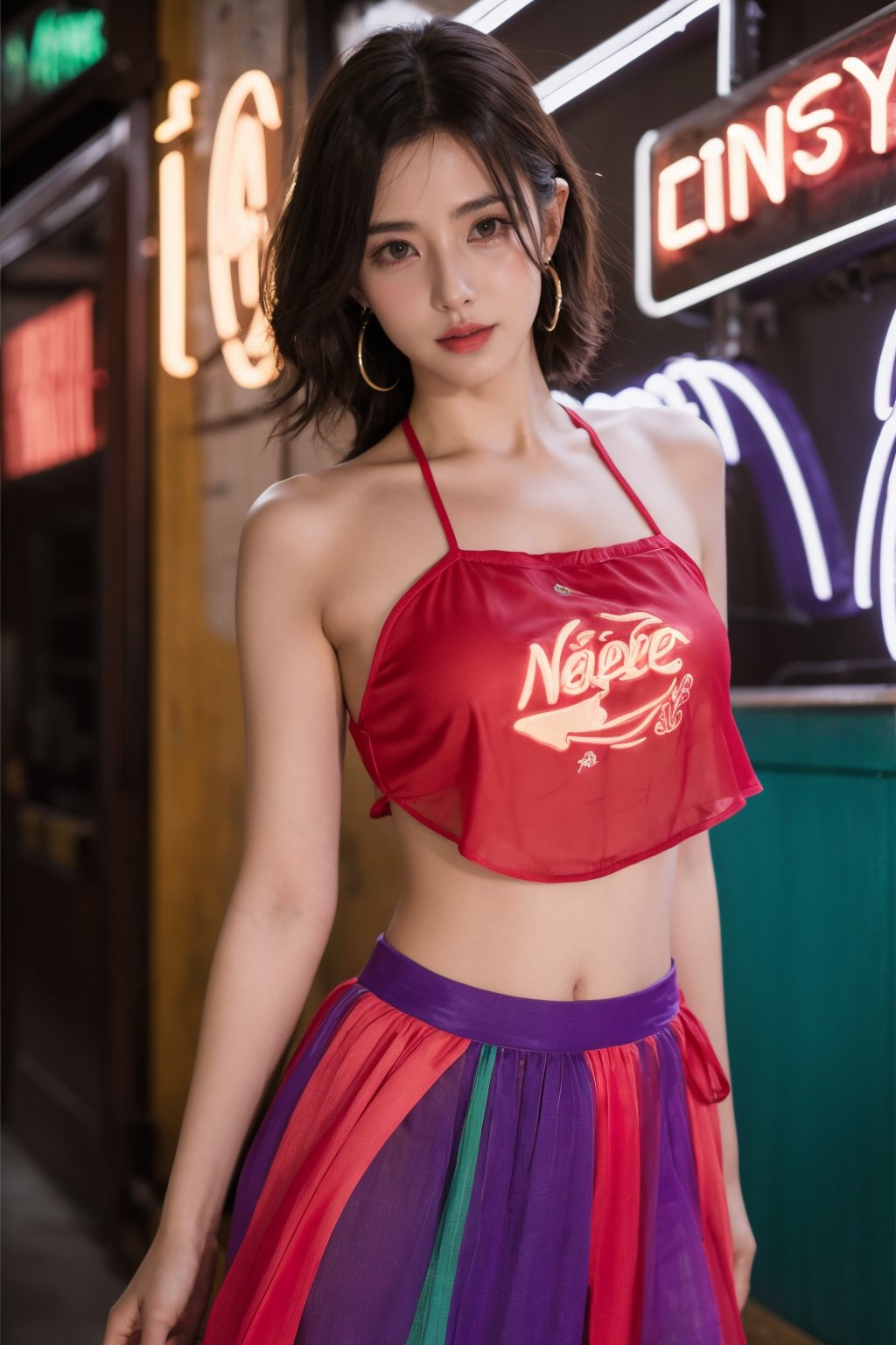 Nights,( parties:1.3), (neon lights:1.4),( lively:1.3), glowing earrings, realistic, pub,1girl, solo, looking at viewer, realistic, midriff, bare shoulders, standting, hair ornament, black hair, jewelry, brown hair, parted lips, skirt, purple skirt, cowboy shot <lora:kim_小红兜_v1:0.75>