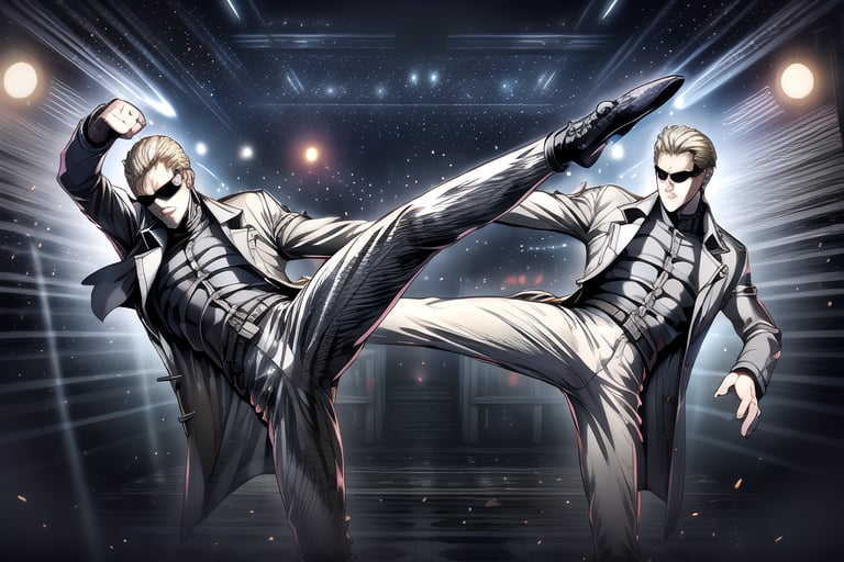 (Albert Wesker:1.4), highly detailed, highres, extremely detailed, detailed background, perfect face, high quality, detailed face, anime, best quality, masterpiece, 4k, 8k, absurd resolution, cinematic lights, intricate detail, detailed hands, animation, illustration, (blonde hair), short hair, mature male, shades, sunglasses, black shirt, black trench coat, high definition, sharp focus, OverallDetail, deep shadow, dimly lit, shade, animification, <lora:dreamlookai_lora_db_bb89d853_ckp_9966b693_step_3000_Wesker:0.7> wesker, <lora:Hiroyuki Kitazume:0.4>, <lora:beard_slider_v10:-3>, <lora:gender_slider_v1:-4>, slick back hair, <lora:AlbertWeskerRE:0.5> AlbertWeskerRE, <lora:hyperdenoiser_v090:0.6>, <lora:hyperrefiner_v090:0.6>, <lora:REAlbertWesker:0.3> REAlbertWesker, ah1,<lora:add_detail:1>, <lora:high_kick003:0.4> (high kick:1.3), kicking, (leg up:1.3), (tae kwon do fight), 2boys, (multiple boys), (fighting)