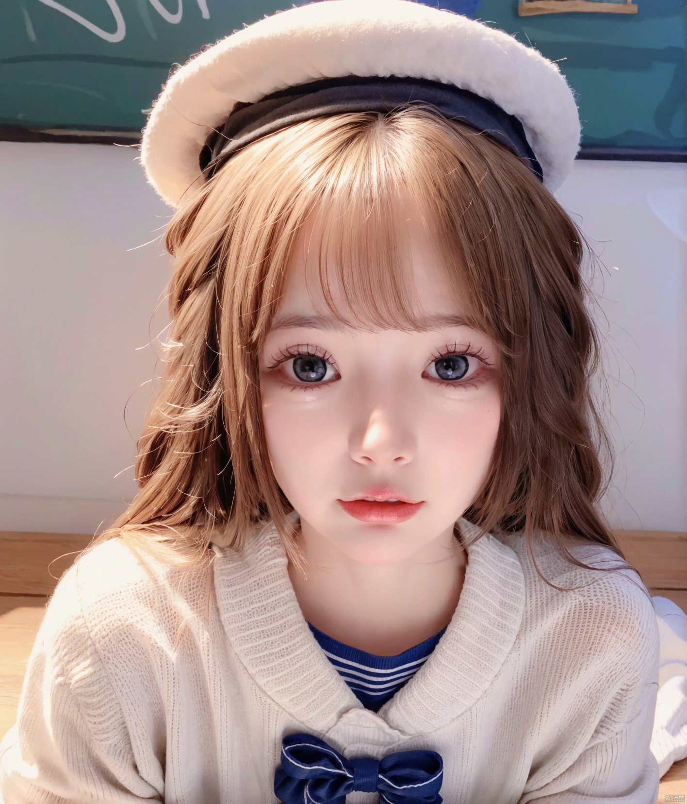  best quality,masterpiece,realistic, jkk, 1girl, solo,  skirt, brown hair, long hair, white skirt, socks,white footwear, indoors, white socks, looking at viewer, school uniform, sailor collar, long sleeves, parted lips, stuffed toy, hat, cosplay, brown eyes,((portrait)),upper_body,close-up