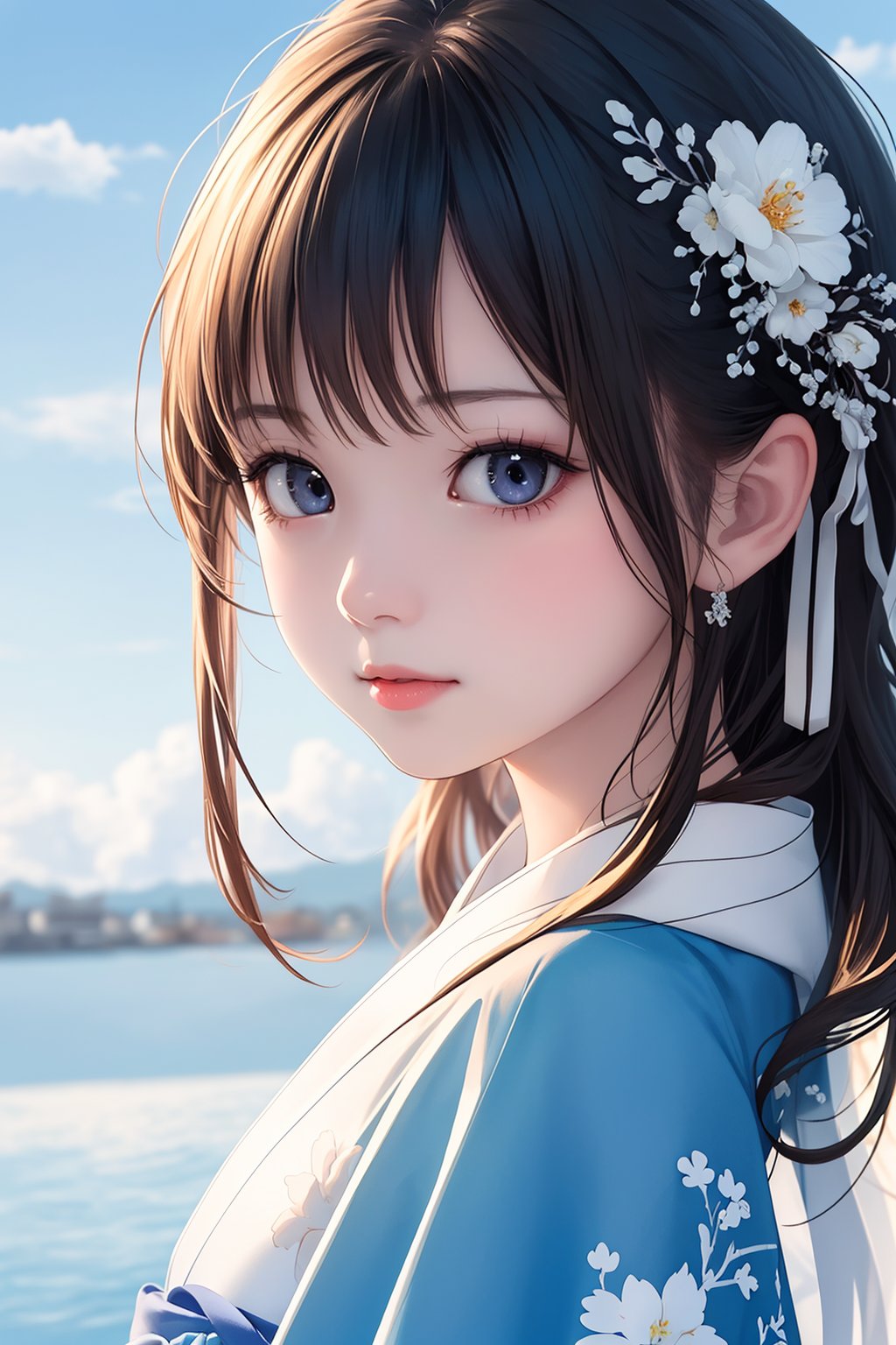 ((best quality)), ((masterpiece)) , ((ultra-detailed)), (illustration), 1girl, solo, beautiful detailed random eyes, beautiful detailed face, beautiful detailed random hair, depth of field, a lot of clouds in blue sky, white random hanfu, ((upper body)), portrait, looking at viewer, backlighting,