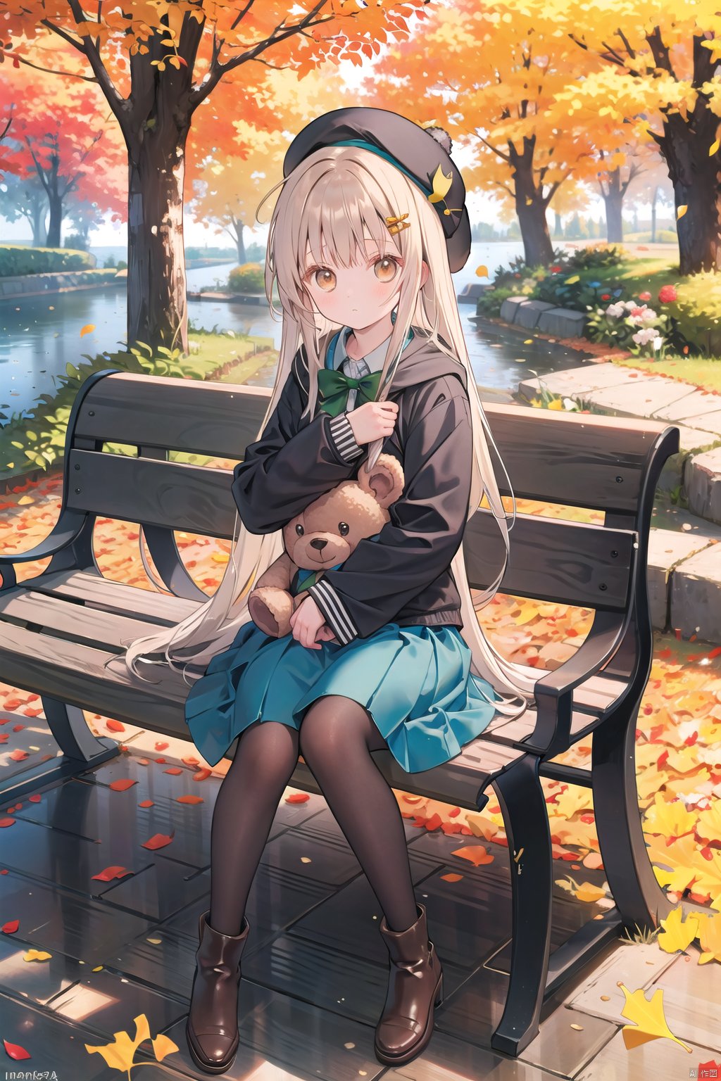  1girl, solo, long_hair, looking_at_viewer, blush, bangs, skirt, brown_hair, hair_ornament, long_sleeves, hat, bow, holding, brown_eyes, sitting, very_long_hair, grey_hair, pantyhose, boots, outdoors, day, hairclip, hood, water, black_footwear, sweater, tree, cup, blue_skirt, black_jacket, sleeves_past_wrists, book, black_headwear, leaf, beret, watermark, brown_footwear, stuffed_toy, stuffed_animal, frilled_skirt, green_skirt, teddy_bear, brown_pantyhose, object_hug, brown_headwear, covered_mouth, bench, autumn_leaves, disposable_cup, maple_leaf, holding_stuffed_toy, autumn, coffee_cup, on_bench