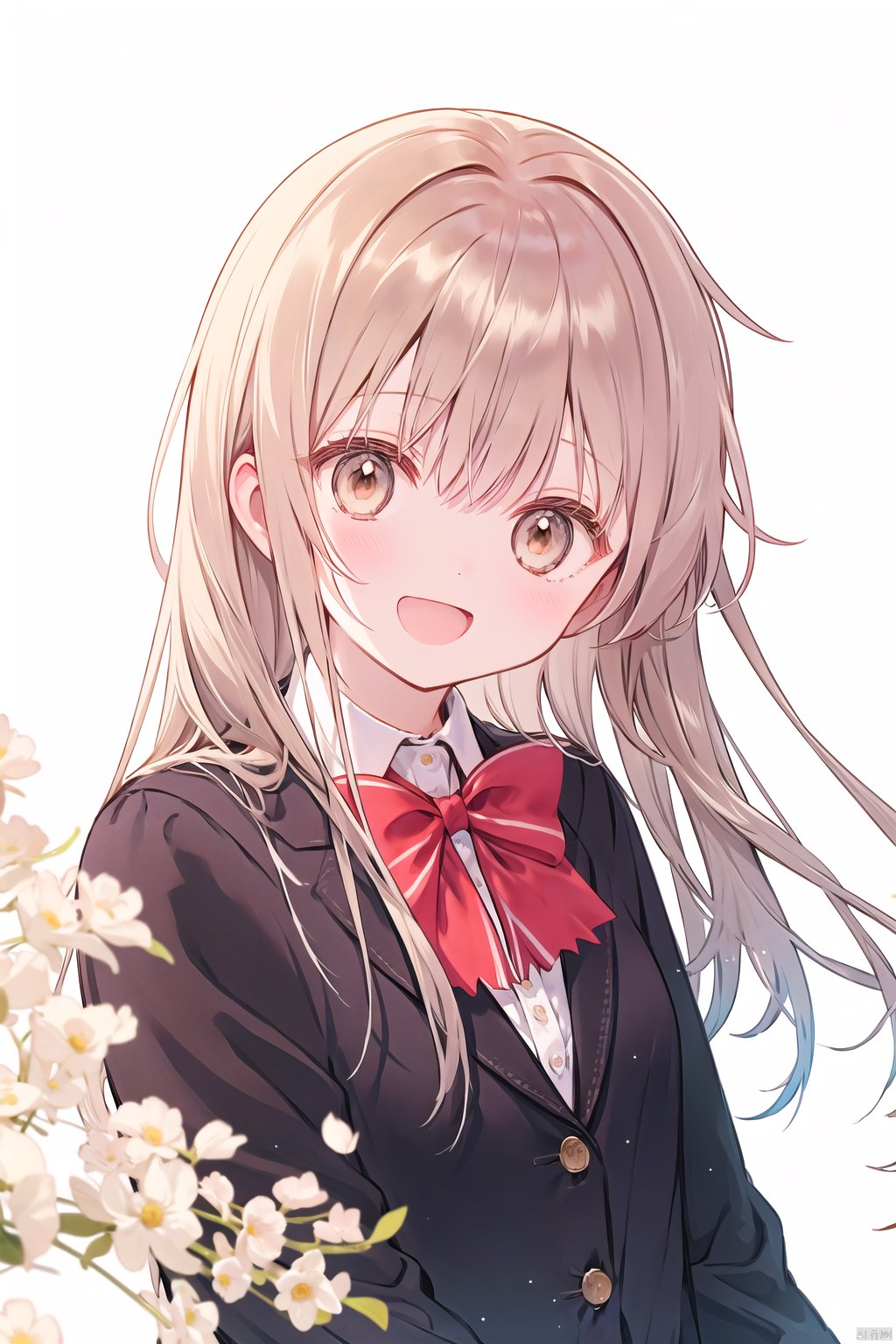 1girl, solo, long_hair, looking_at_viewer, blush, smile, open_mouth, bangs, brown_hair, white_background, bow, brown_eyes, school_uniform, white_shirt, upper_body, flower, :d, collared_shirt, signature, bowtie, red_bow, black_jacket, dress_shirt, blazer, light_brown_hair, feathers, white_flower, red_bowtie, white_feathers