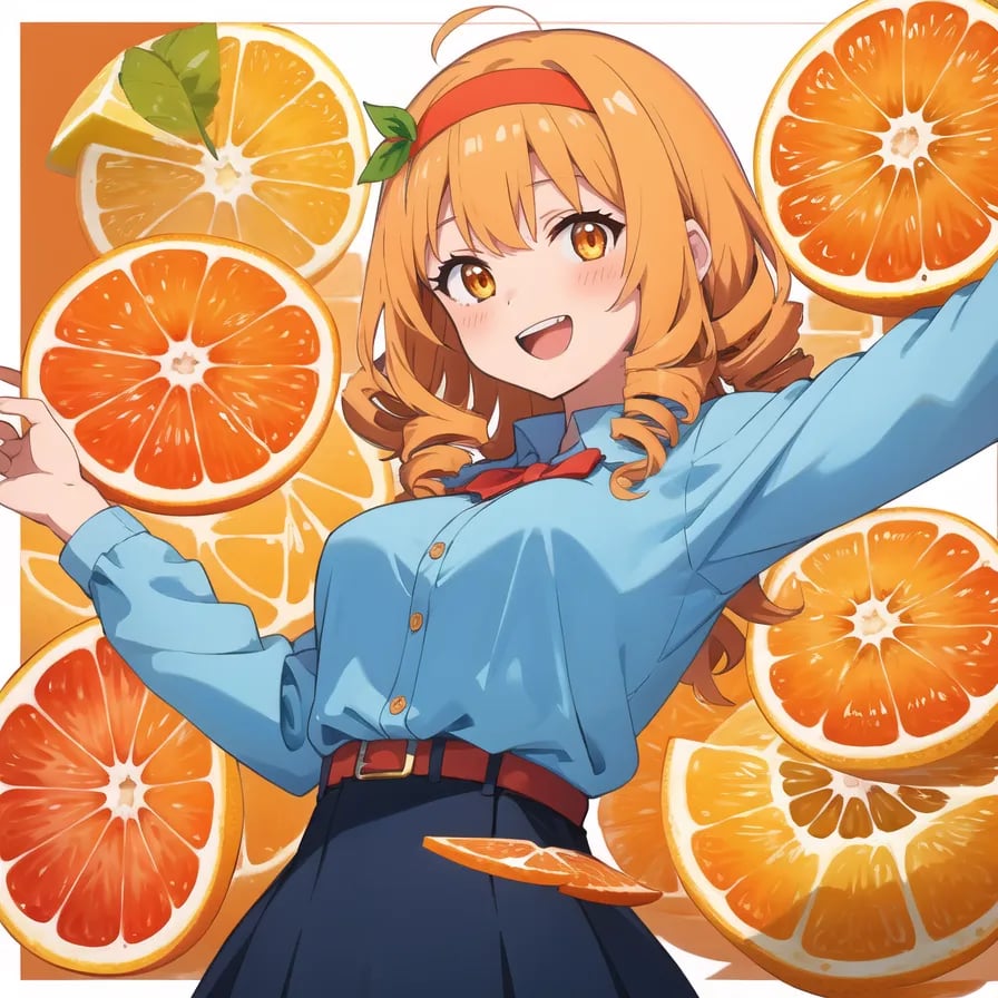 best quality, (anime screencap, anime coloring,:1.1) (orange slice, vivid_fruits, :1.3), colorful, 1girl, solo, (cowboy shot:1.1), (upper body:1.1), white background, simple background, (white border:1.2), , (mature female ,madame,:1.2), :d 1girl, orange nails, solo, orange hair, smile, hair ornament, long hair, orange (fruit), belt, looking at viewer, orange eyes, shirt, drill hair, breasts, food, food-themed hair ornament, fruit, hairband, blush, bangs, long sleeves, closed mouth, BREAK, indigo blue shirt, , upper body,buttons, skirt, (arm behind :1.2),