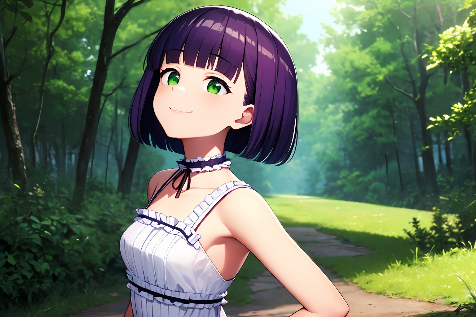 ((absurdres, highres, ultra detailed, high resolution, masterpiece, best quality, very fine 8KCG wallpapers)), 1 girl, solo, expressive eyes, perfect face, petite, short hair, blunt bangs, purple hair, green eyes, medium breasts, white dress, bursting breasts, seductive smile, choker, frills, belt, thighhighs, arms behind back, forest, portrait, from side, nice hands, perfect hands,