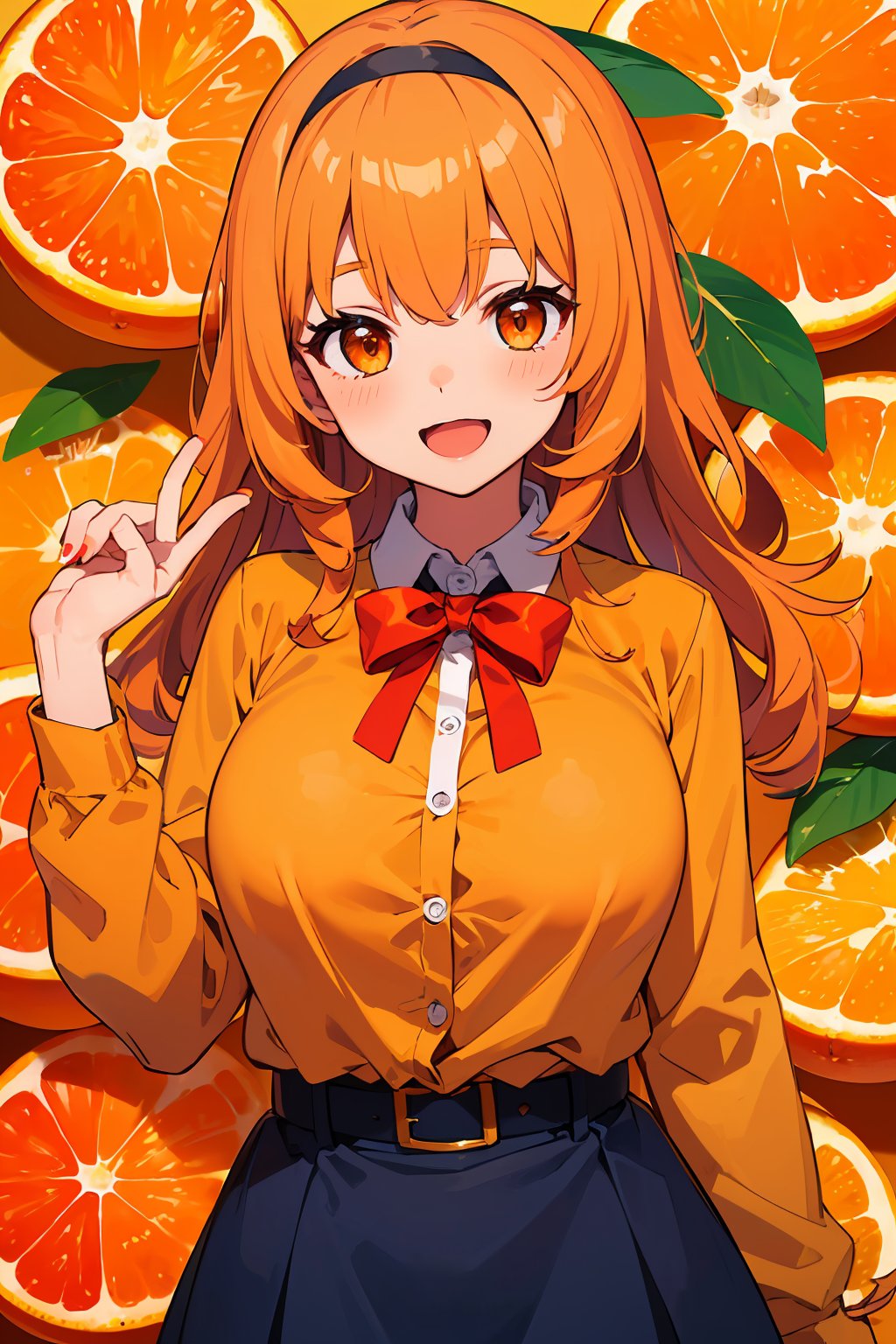 ((absurdres, highres, ultra detailed, high resolution, masterpiece, best quality, very fine 8KCG wallpapers)), 1 girl, solo, :D, ahogee, bangs, blush, orange buttons, drill hair, eyebrows visible through hair, orange hairband, leaf, long hair, light blue shirt, long sleeves, dark blue skirt, orange belt, looking at viewer, medium breasts, open mouth, orange flower, orange eyes, orange hair, orange nails, orange theme, red bow, smile, twin drills, (many sliced ​​oranges background, background with large drawing of many sliced ​​oranges:1.4), nice hands, perfect hands,