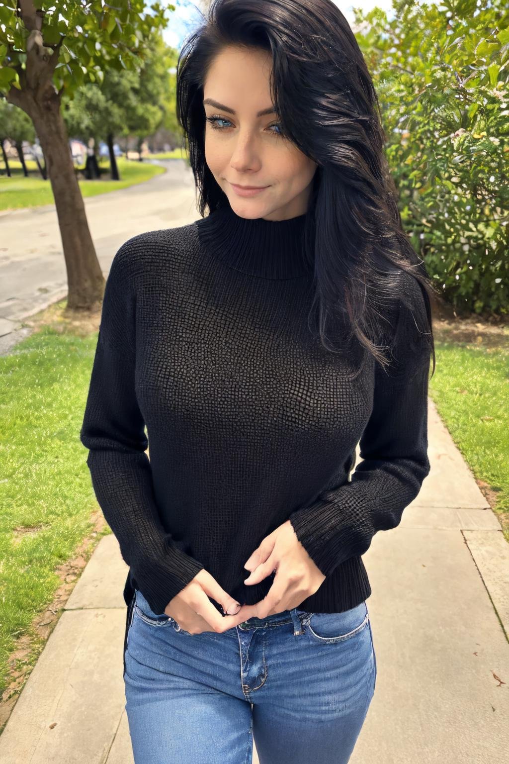 frontal, walking in a park, beautiful eyes, high detail skin, high detail eyes, high detail hair, highres, ultra detailed, sharp picture, Highly detailed, masterpiece, best quality , <lora:catarinassecretLoRA:1> catarinassecret with long black hair, wearing blue pullover and jeans, small breasts