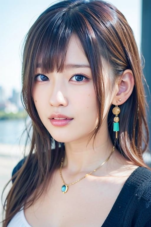 1girl,photo of rierie,earrings,best quality,8k,high quality render,(detailed face:1.4),(looking at viewer:1.4),shiny skin,expressionless,beautiful city background,best wallpaper,(sun lighting:1.2),((random perspective)),low angle,half body, (masterpiece:1.4),<lora:rietakahashiv1(5)-000008:0.7>