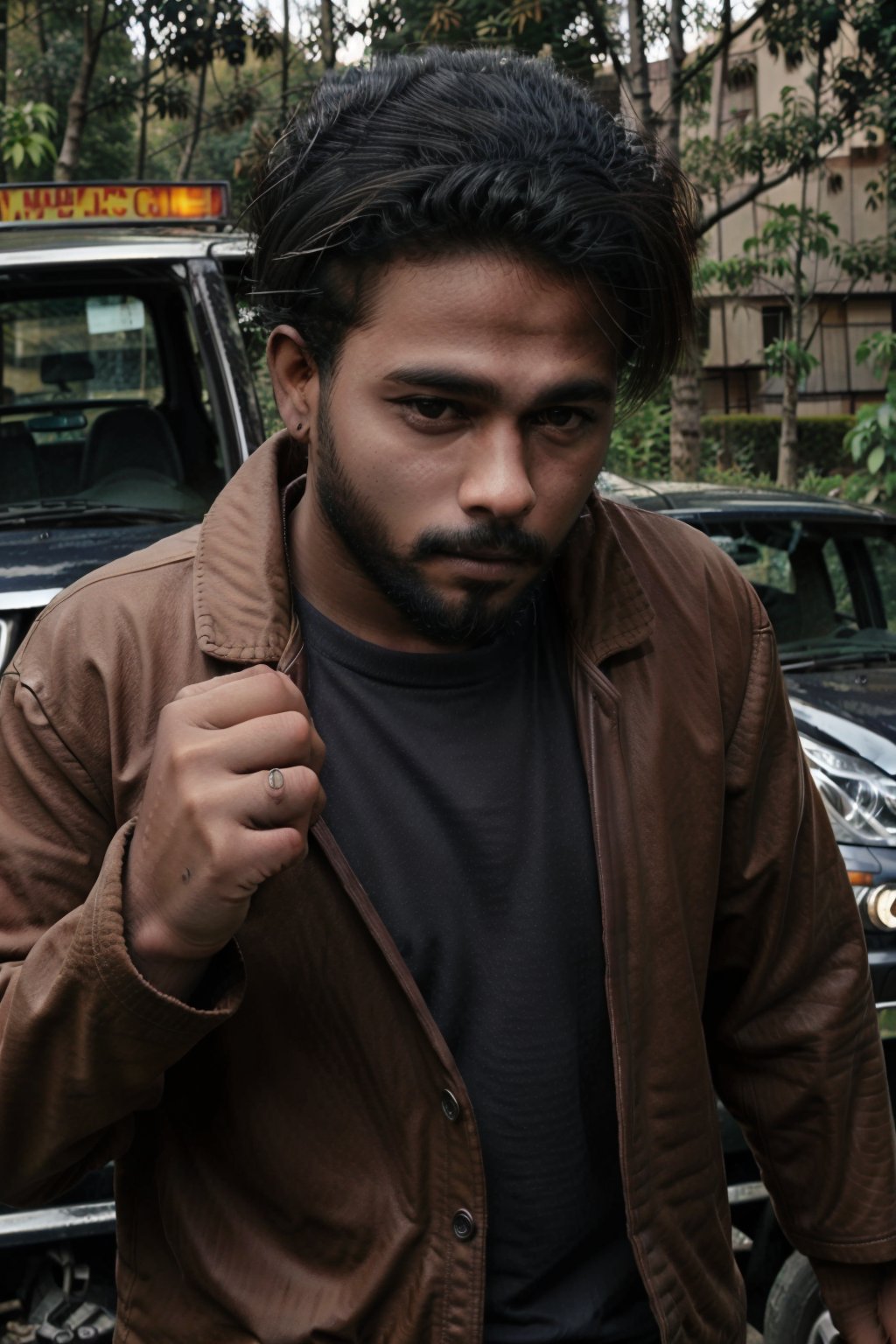 person wearing cap and round face long hair short beard and wearing leather jacket standing front of the car having sixpack body,photorealistic,<lora:659111690174031528:1.0>