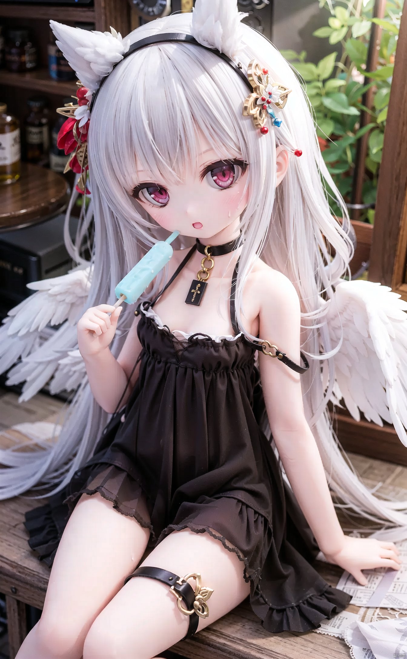 (cowboy shot,very long hair,4349:1),,1girl,solo,food,popsicle,looking_at_viewer,wings,long_hair,red_eyes,black_dress,dress,holding,halo,thigh_strap,sitting,hair_ornament,strap_slip,choker,angel_wings,white_hair,bangs,sweat,black_choker,holding_food,very_long_hair,