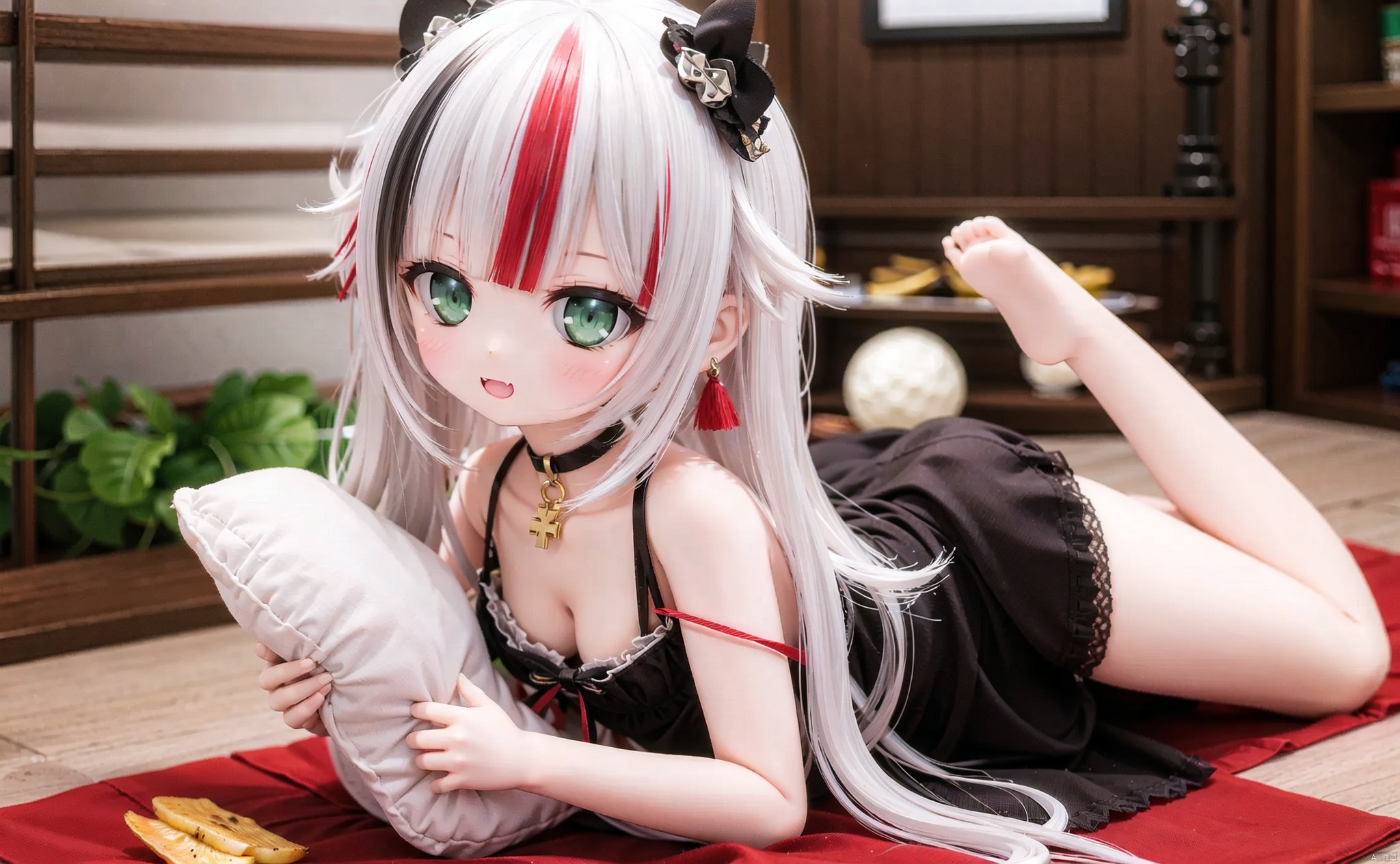 (cowboy shot,very long hair,4349:1),,1girl,lying,solo,tail,food,on_stomach,clock,looking_at_viewer,streaked_hair,smile,multicolored_hair,virtual_youtuber,holding,barefoot,green_eyes,hair_ornament,open_mouth,strap_slip,bangs,pillow,dress,nintendo_switch,black_dress,indoors,bare_shoulders,x_hair_ornament,choker,chips_(food),earrings,holding_food,fang,:d,