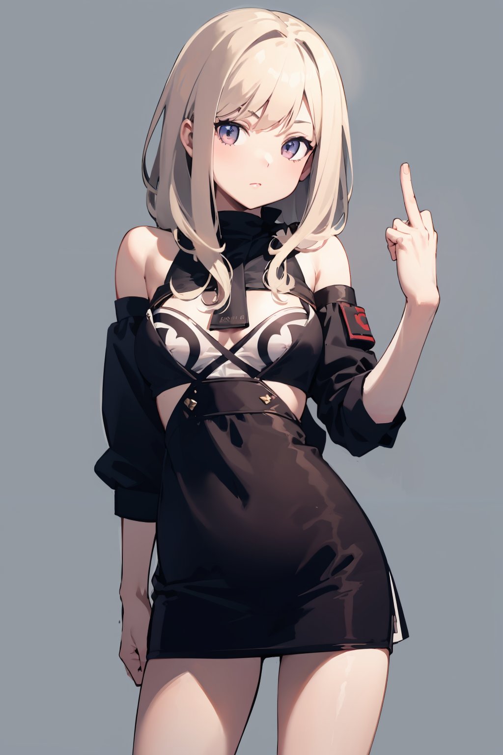 masterpiece,high quality,highres,1girl,solo,simple background,arm behind back,<lora:midfinger-right-v2-wasabiya:1>,middle finger,