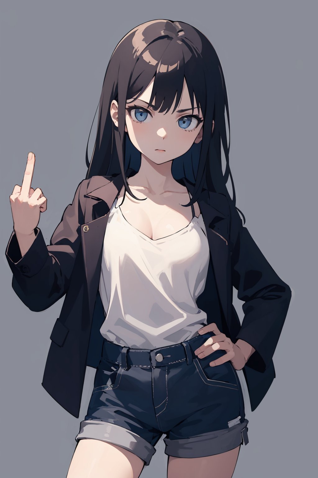 masterpiece,high quality,highres,1girl,solo,simple background,<lora:midfinger-left-v2-wasabiya:1>,middle finger,hand on hip,