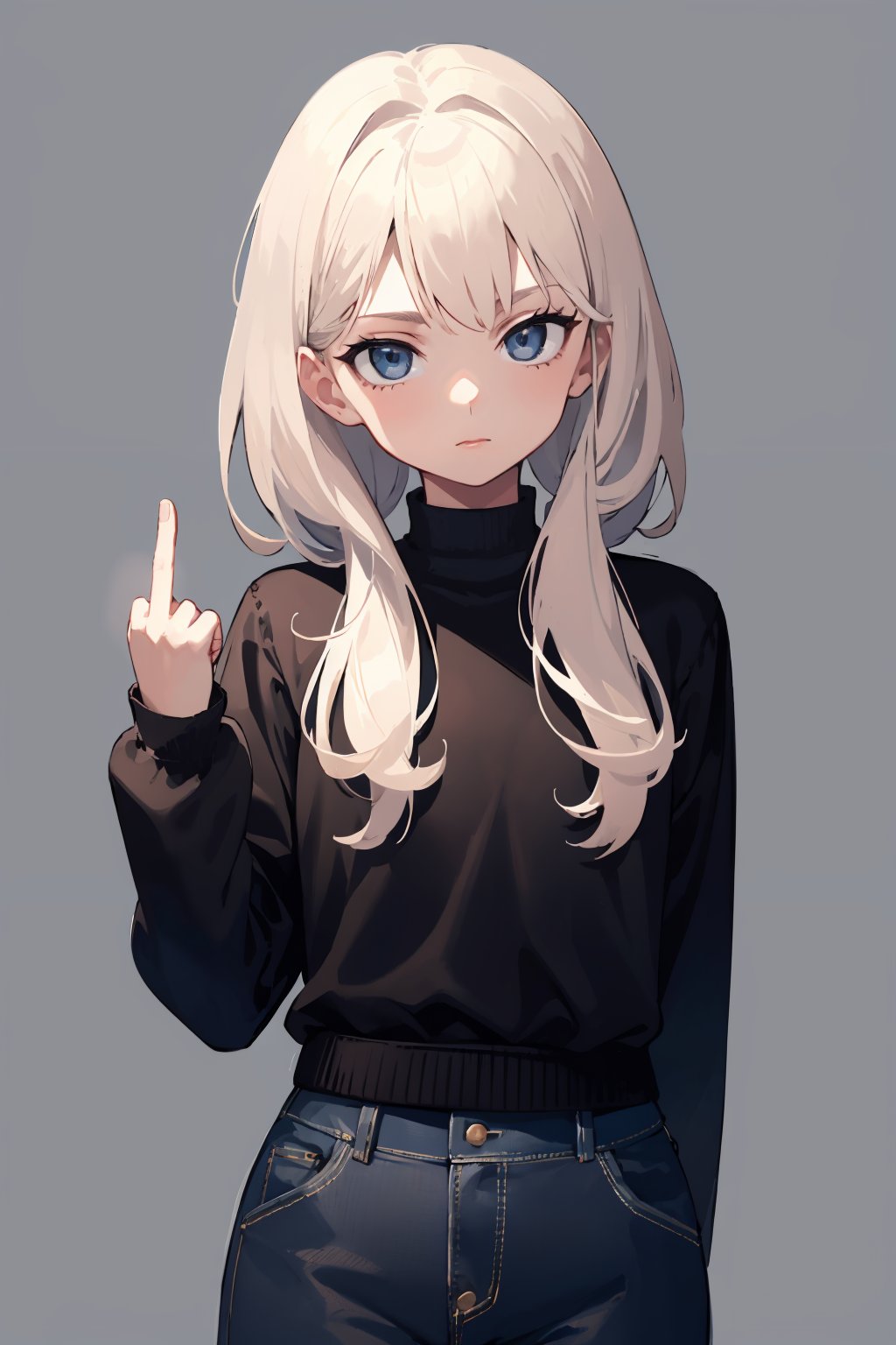 masterpiece,high quality,highres,1girl,solo,simple background,<lora:midfinger-left-v2-wasabiya:1>,middle finger,arm behind back,