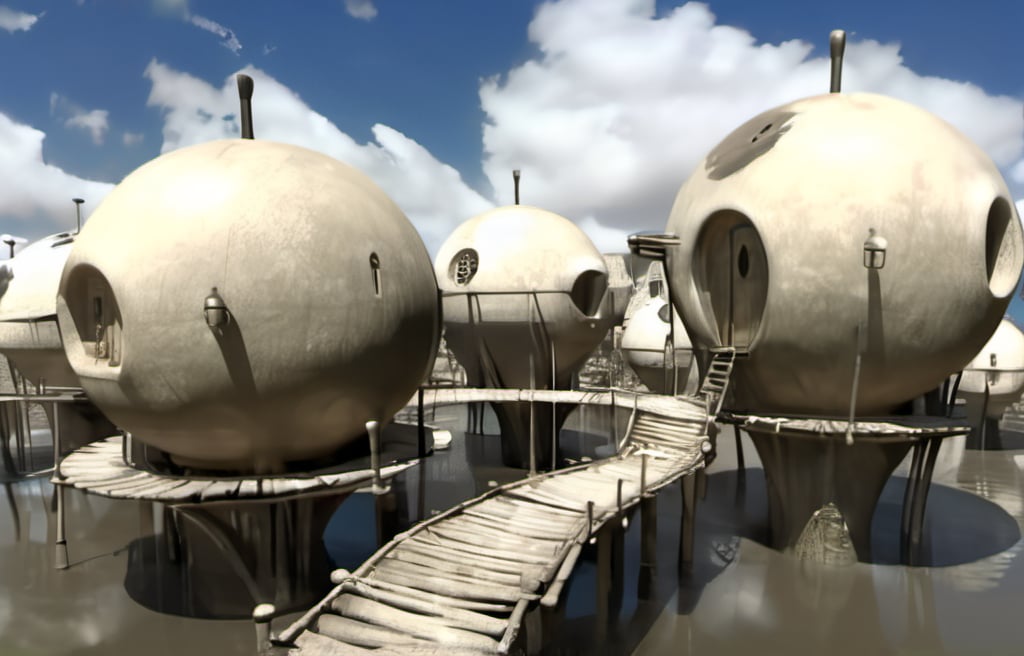 rivish style spherical village on stilts, bone abodes