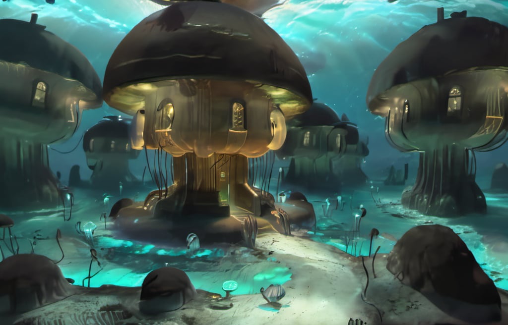 rivish style underwater village full of bioluminescent jellyfish