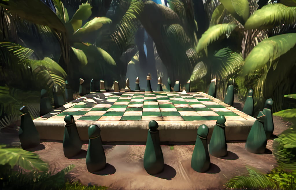 rivish style giant chess board in the jungle, giant pieces fighting 