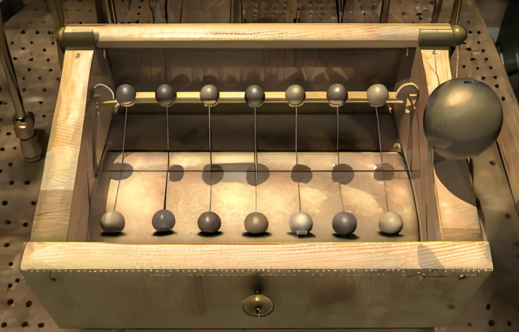 rivish style newtons cradle in a desk drawer