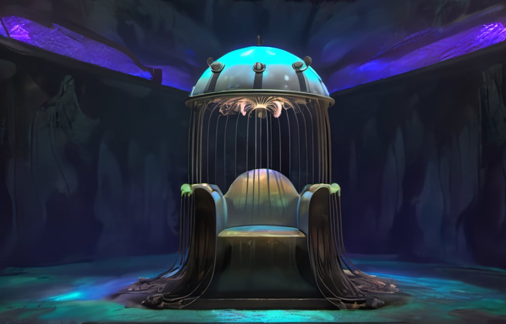 rivish style dead bioluminescent jellyfish metal throne under a spotlight