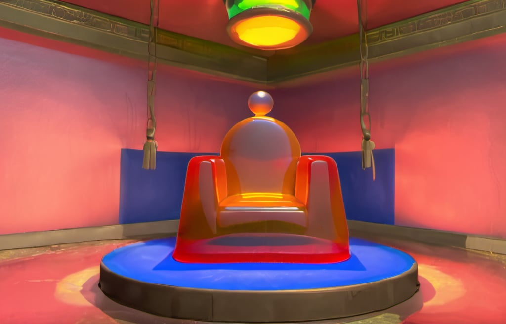 rivish style goofy jell-o throne under a spotlight