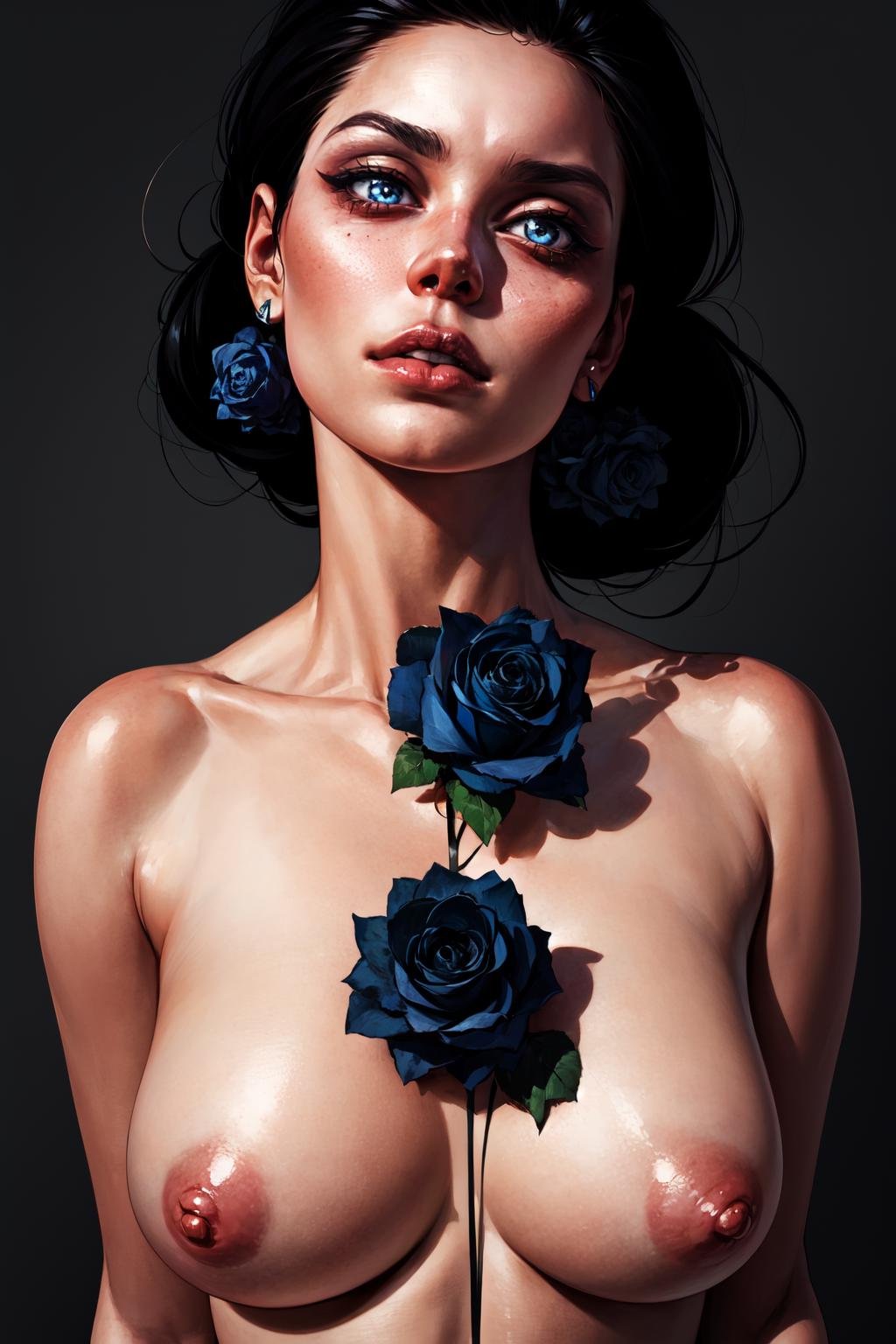 1girl, black hair, blue roses in the neck, lips black tattoo <lora:Laura_style:0.8>