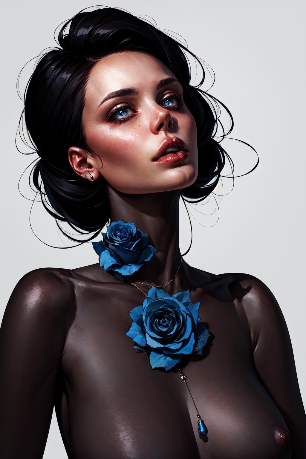 1girl, black hair, blue roses in the neck, lips black tattoo <lora:Laura_style:0.8>